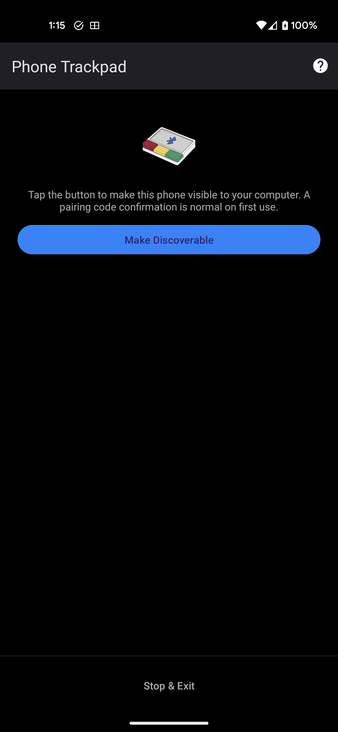 Pairing screen showing the discoverable countdown and reconnect button