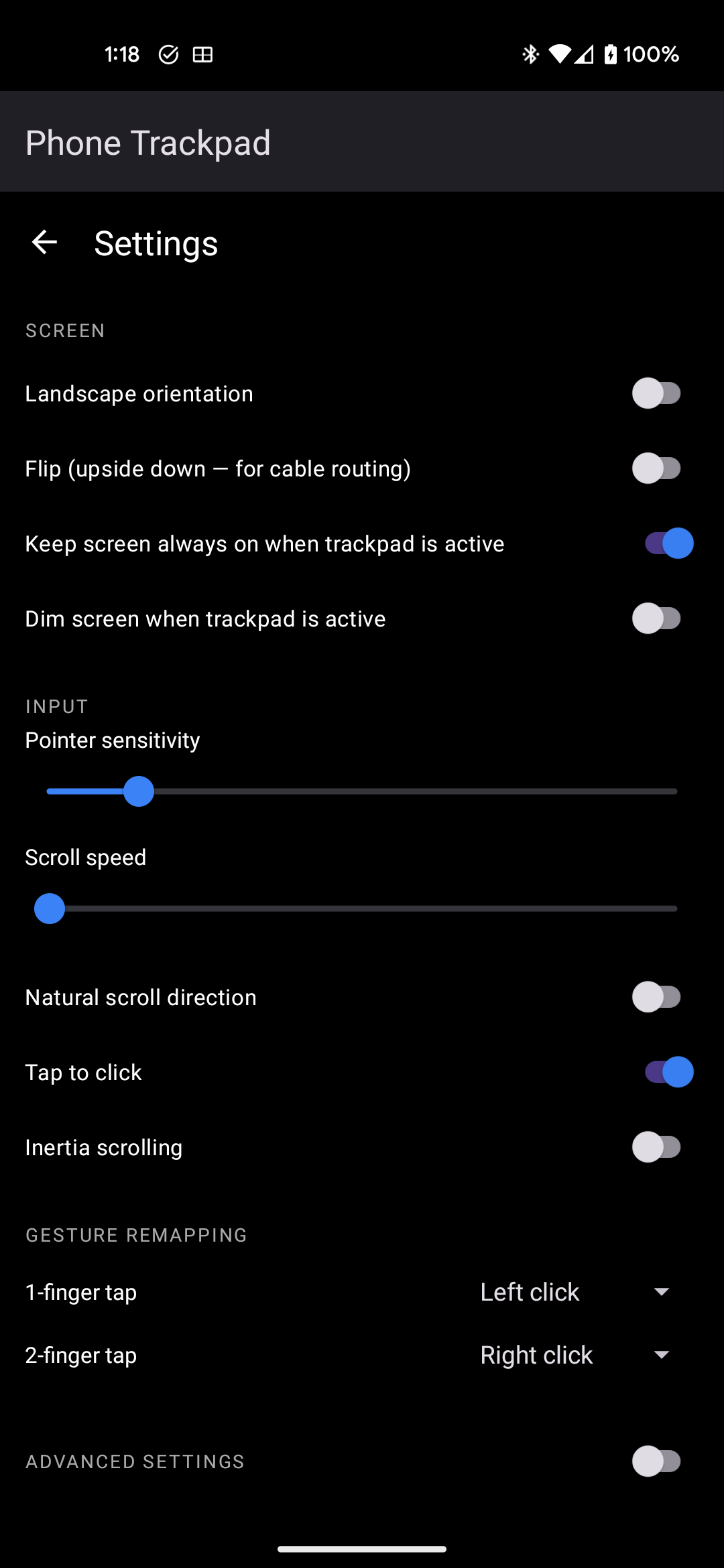 Settings screen with gesture mapping and timing sliders